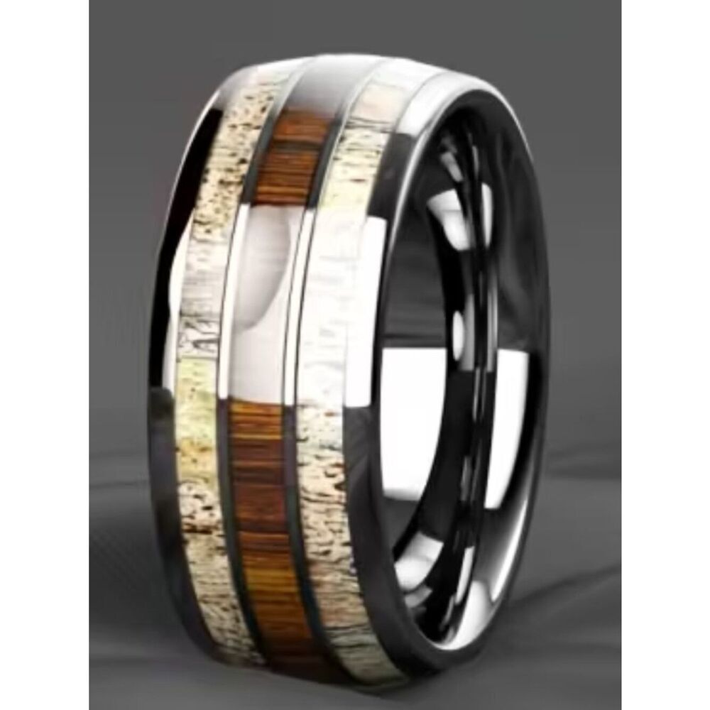 NWT Mens 304 Stainless Steel Ring Sequin Mosaic Inlay Silver Wedding Band 8mm